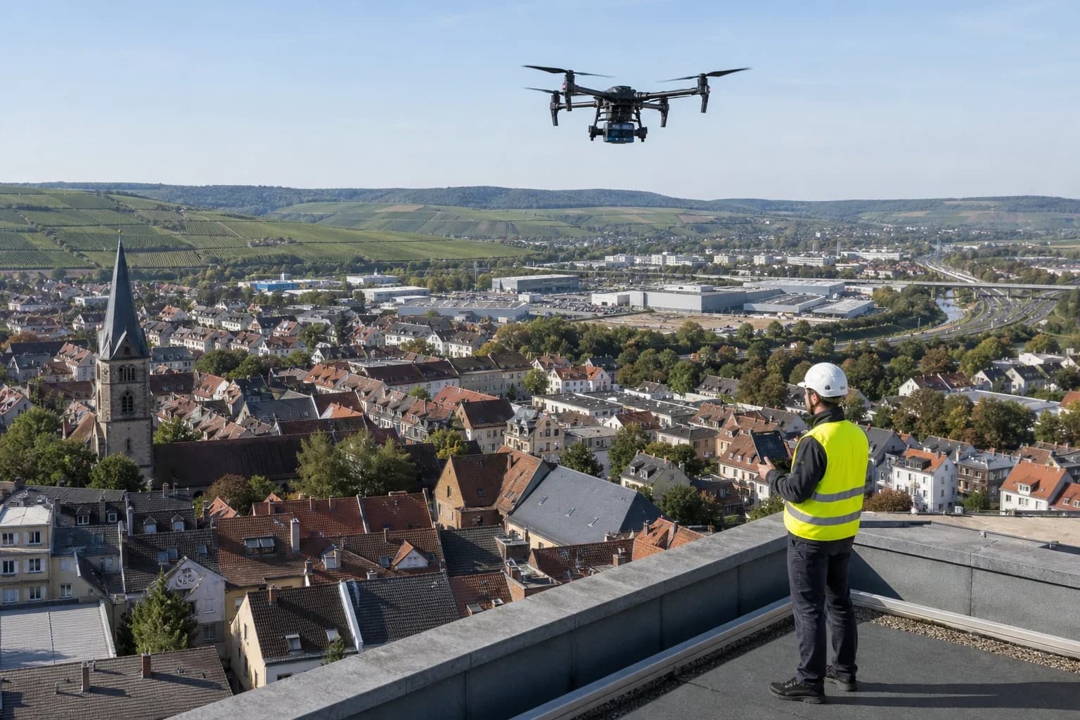 Drohnenvermessung in Alzey – Drohne über dem Objekt