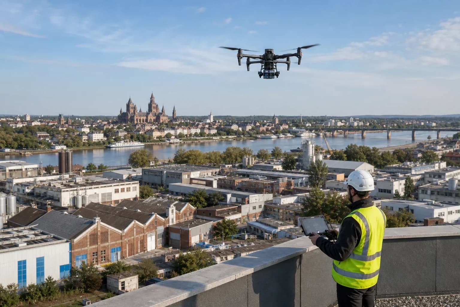 Drohnenvermessung in Worms – Drohne über dem Objekt