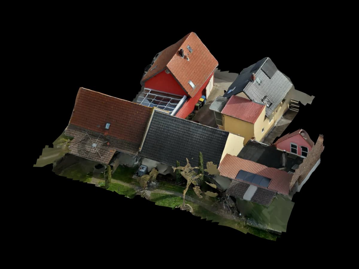 3D-Modell eines Mehrfamilienhauses mit Nachbarbebauung und unterschiedlichen Dachformen