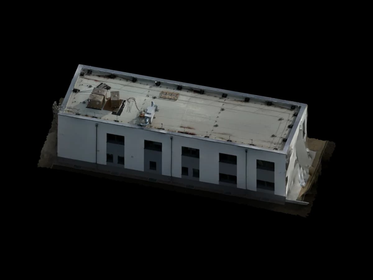 Photogrammetrisches 3D-Modell eines Bürogebäudes mit Flachdach und Dachtechnik