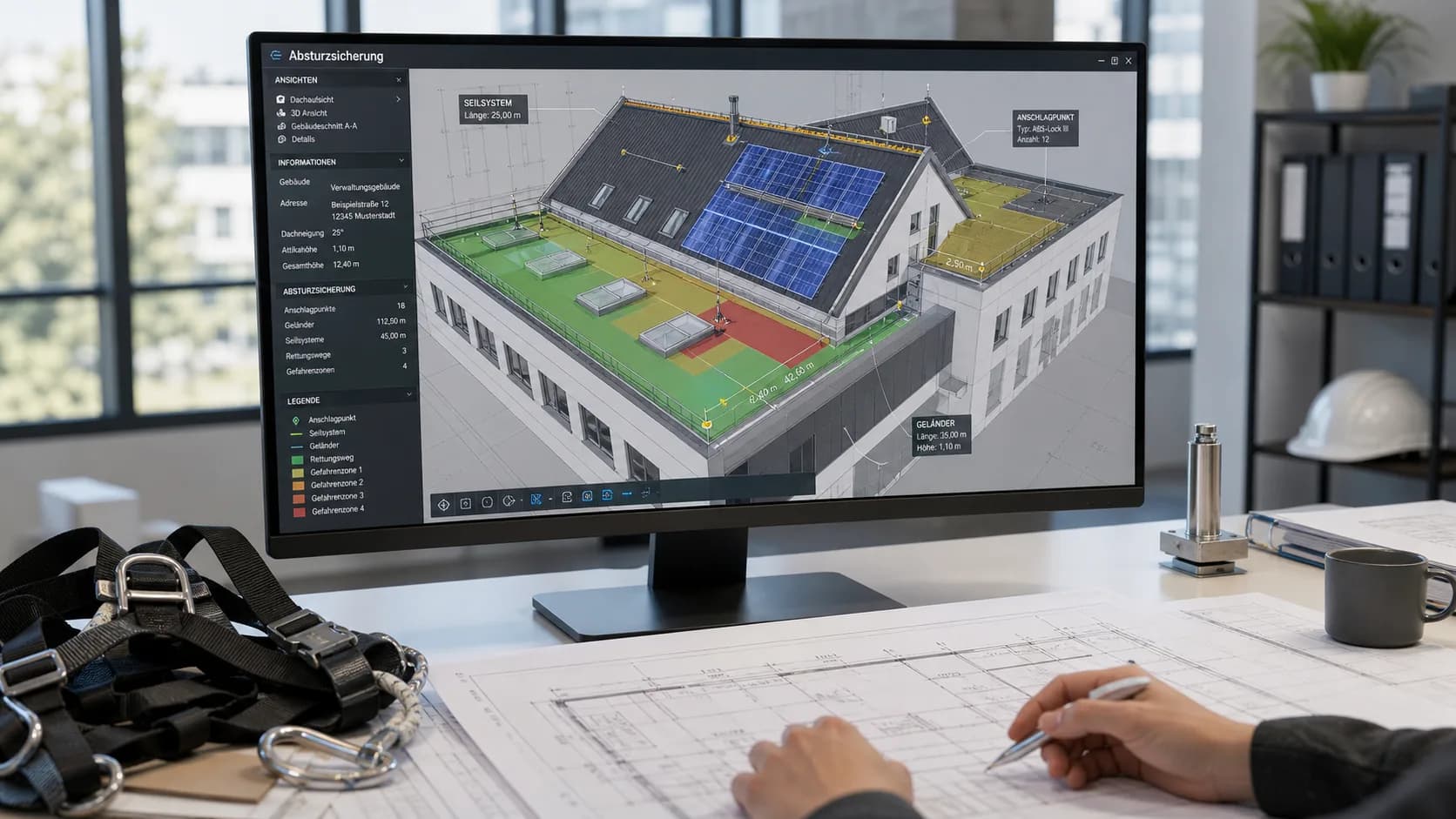 Realistic planning view of a 3D roof model with roof edges, restraint zones, PV service paths and CAD markers