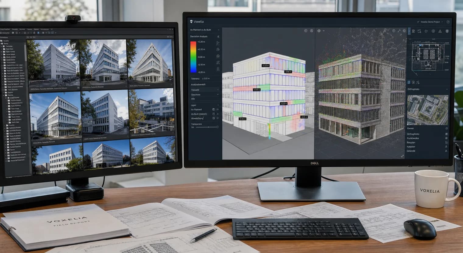 Planning workstation with image data, as-built 3D model, CAD design state and marked deviations for comparison