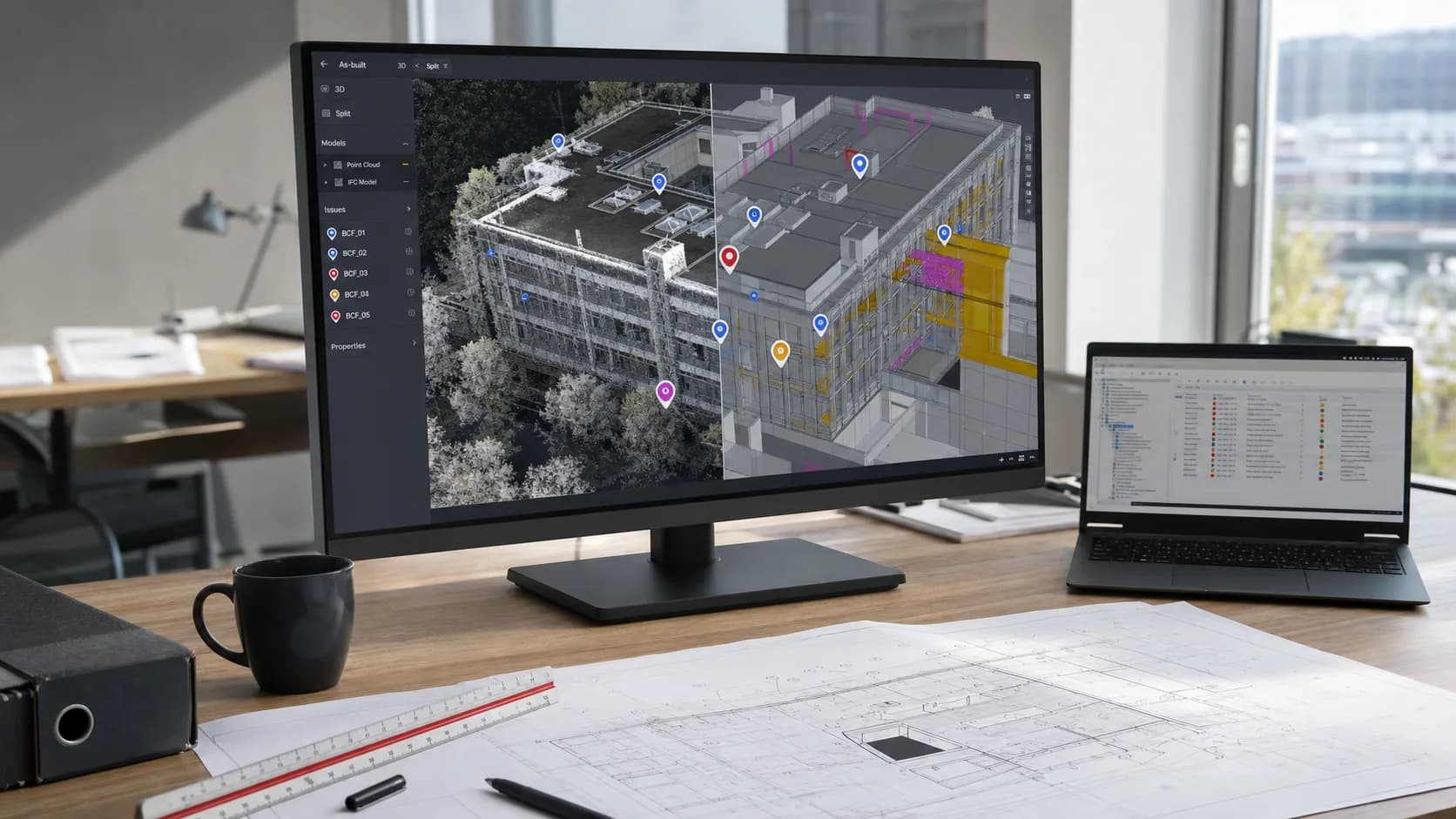 3D as-built model with BCF review points and BIM coordination in a technical viewer