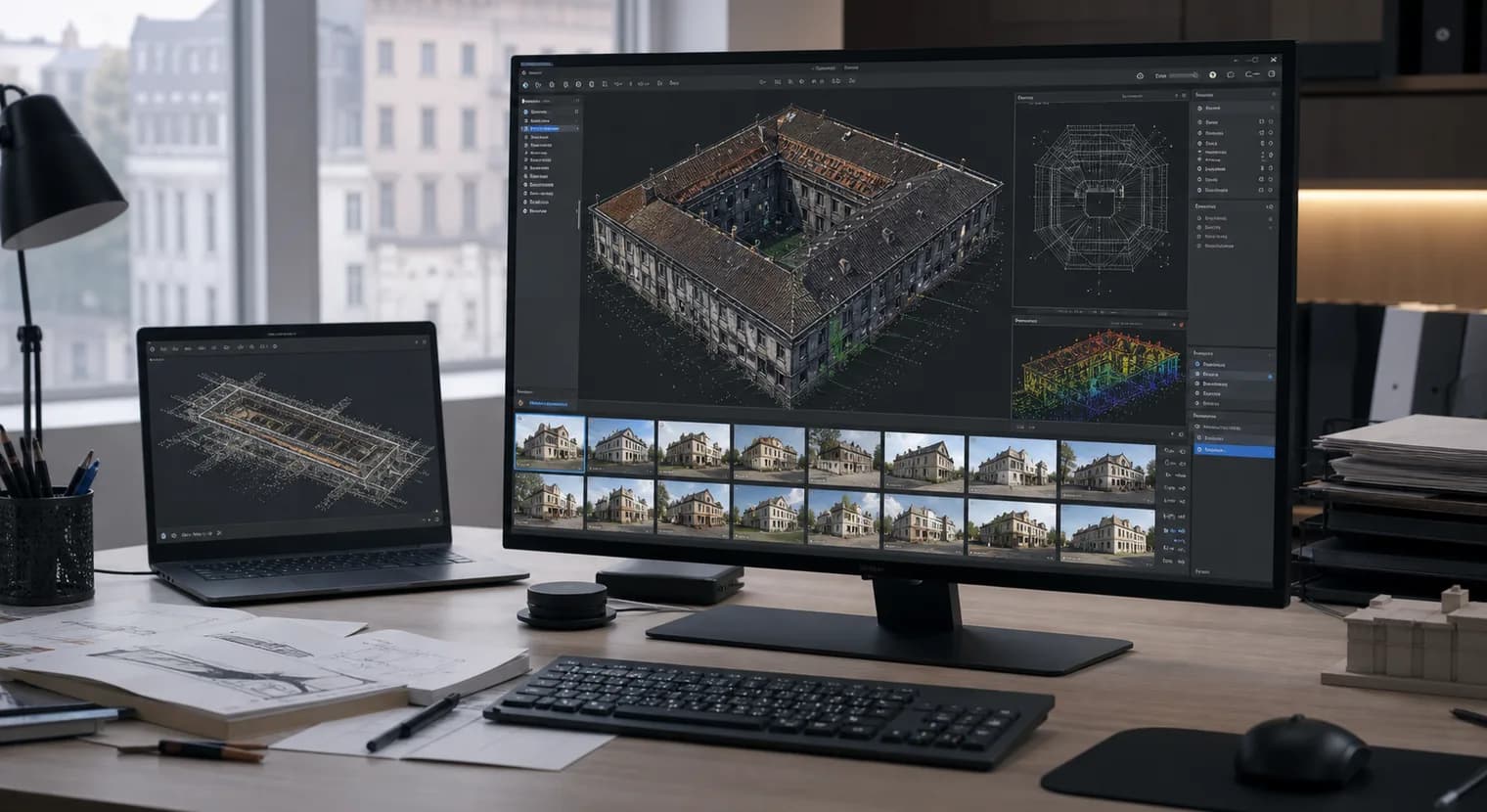 Professioneller Photogrammetrie-Workflow mit Bilddaten, 3D-Modell, CAD-Linien und Planungsprüfung
