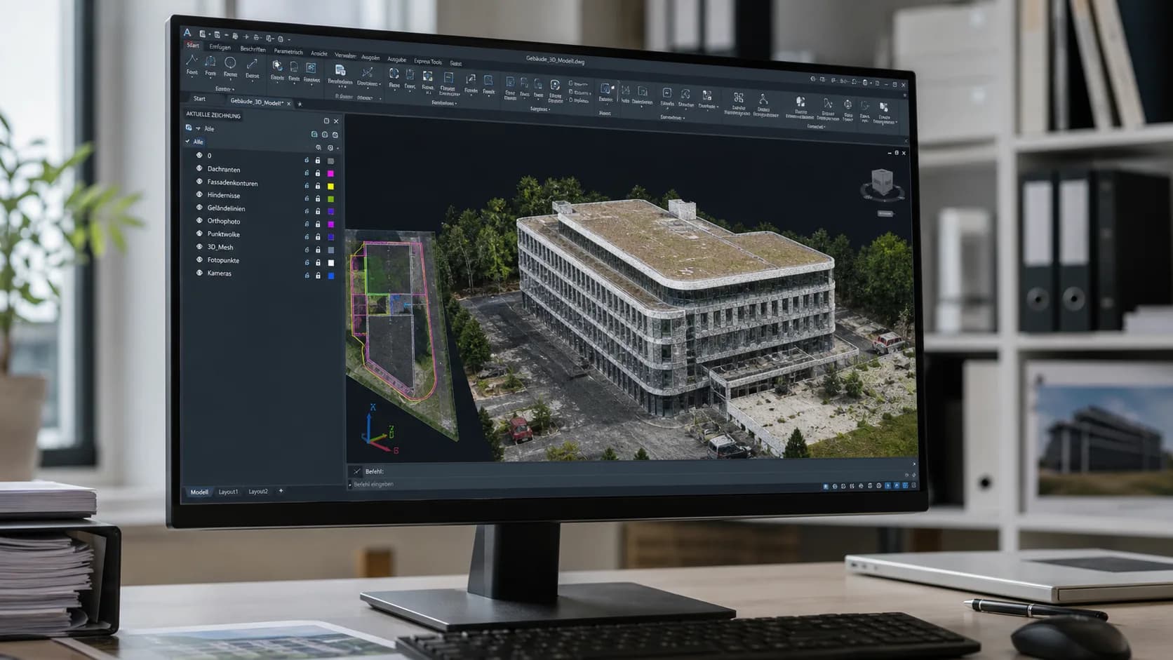 CAD-Handoff mit Layerstruktur aus Photogrammetrie, Orthofoto, Punktwolke und 3D-Modell