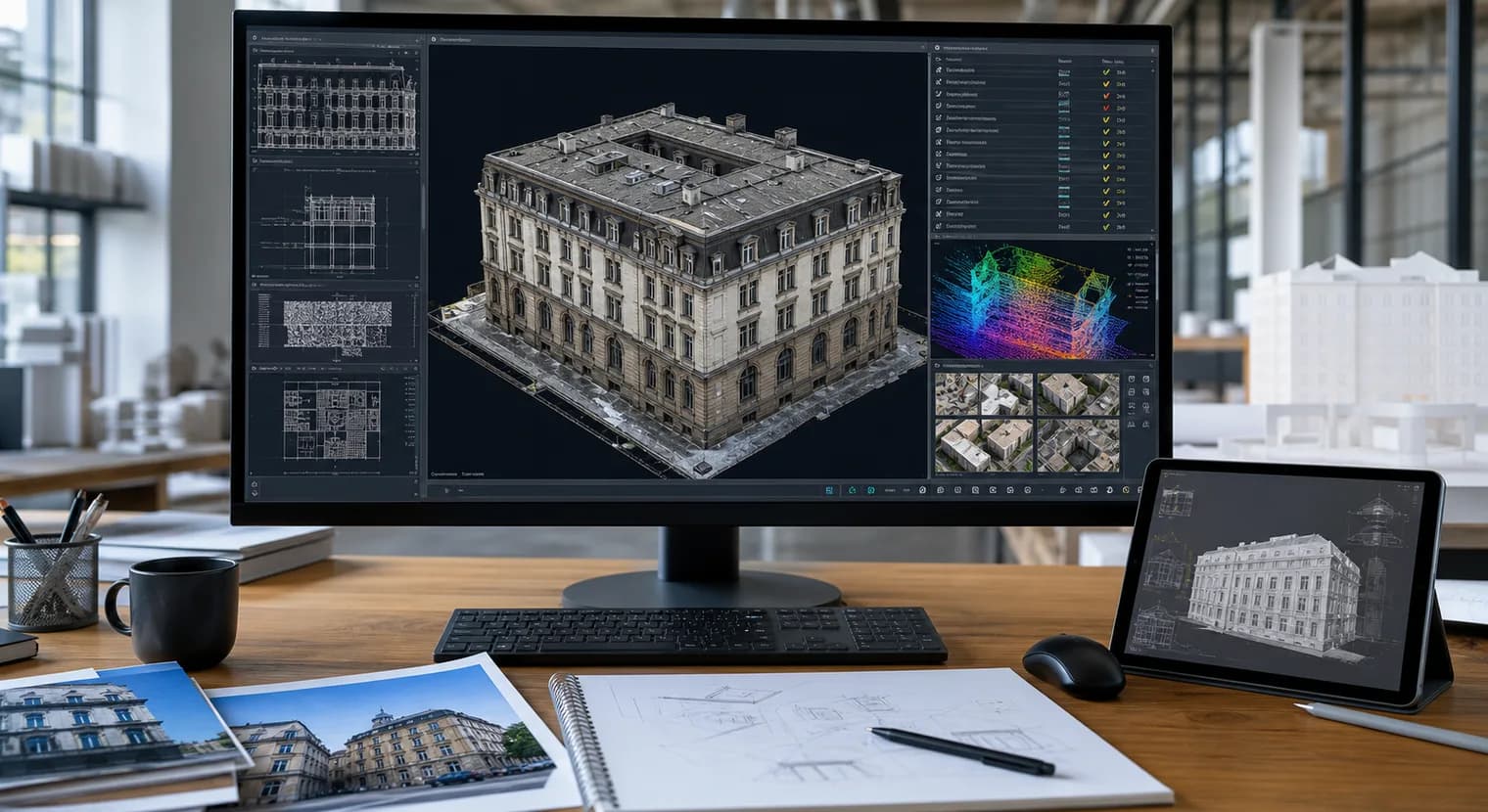 Arbeitsplatz mit 3D-Bestandsmodell, CAD-Linien, Orthofoto und Prüfhinweisen aus verarbeiteten Gebäudebildern
