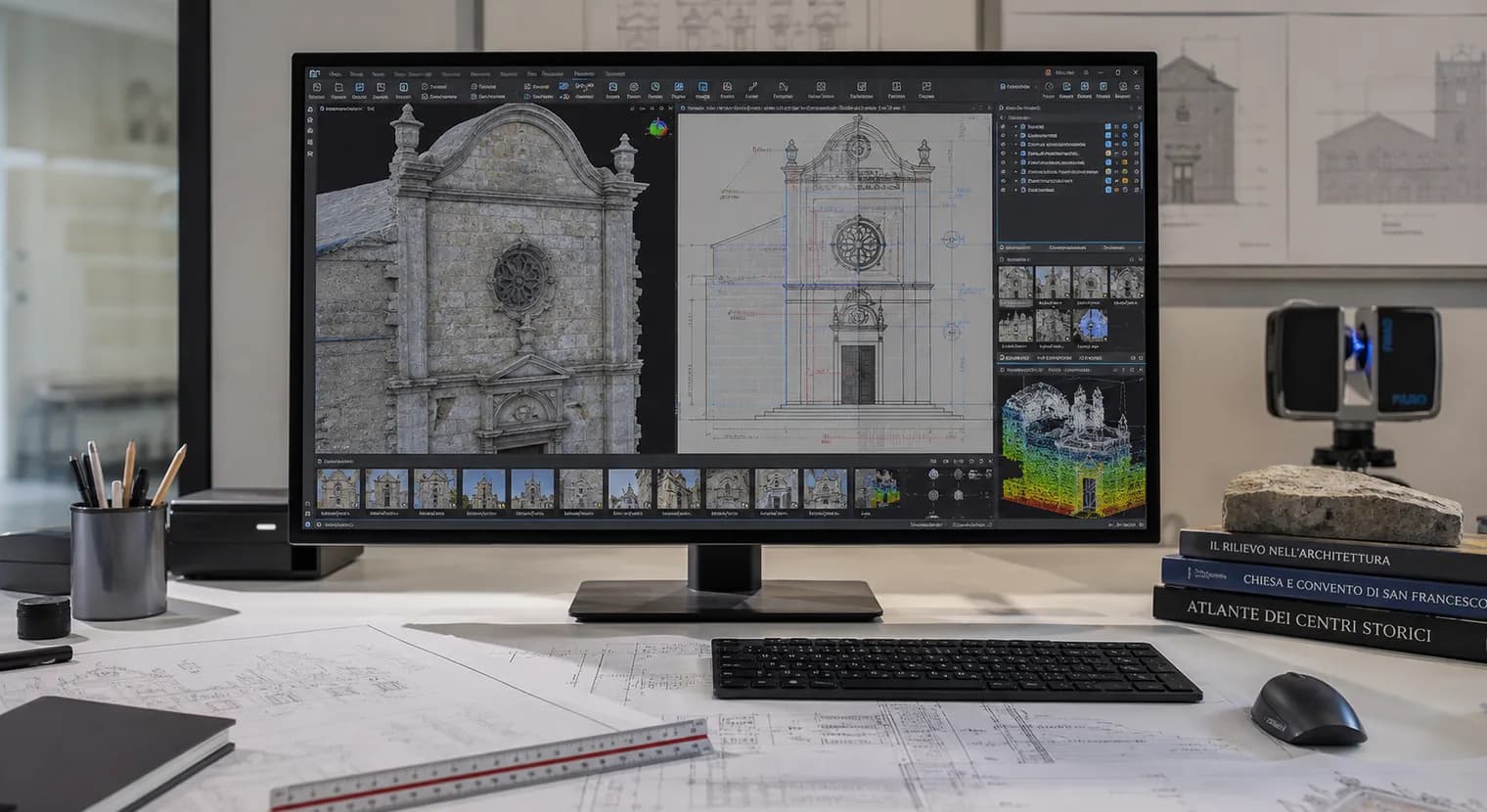 Texturiertes 3D-Fassadenmesh mit CAD- und BIM-Planungsdaten