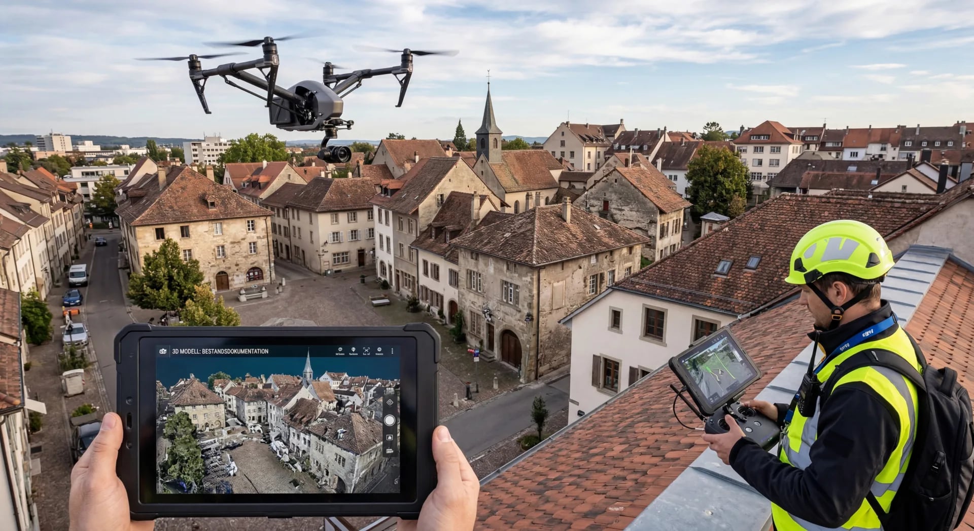 Drohne über einem Wohngebäude als Ausgangspunkt für ein 3D-Dachmodell aus Drohnenbildern